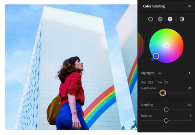 颜色分级面板上的高光色轮设置为蓝色，亮度为 -15。