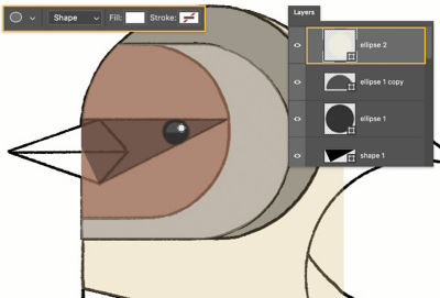 形状、填充和描边工具在顶部工具栏中突出显示。 鸟眼中有一个小白点。 标记为椭圆 2 的白点在“图层”面板中突出显示。