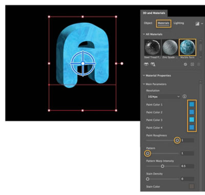 The Material is set to Marble Paint, 4 shades of blue in the Paint Color swatches, Paint Roughness and Pattern equal 1.