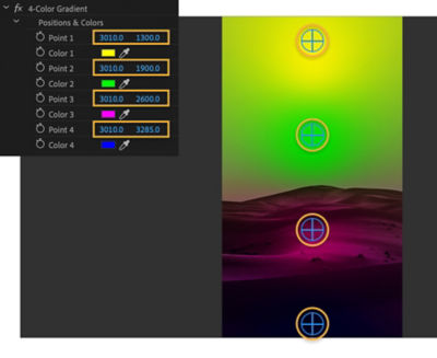 fx 4 色渐变中的点 1-4 的 x 值为 3010，y 值为 1300、1900、2600、3285。点垂直对齐。