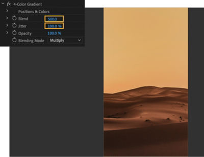 四色渐变混合设置为 500，抖动为 100%。 金色渐变覆盖沙漠。